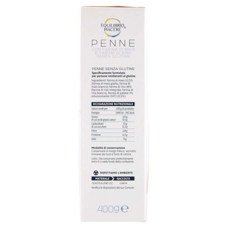 Equilibrio & Piacere Penne con Farina di Mais e Farina di Riso Senza Glutine 400 g