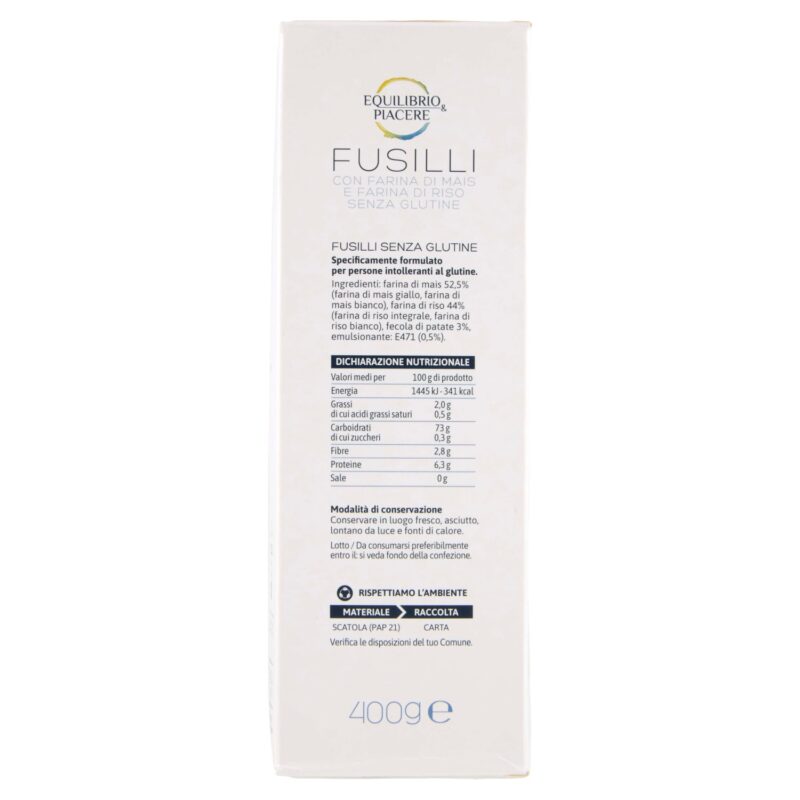 Equilibrio & Piacere Fusilli con Farina di Mais e Farina di Riso Senza Glutine 400 g
