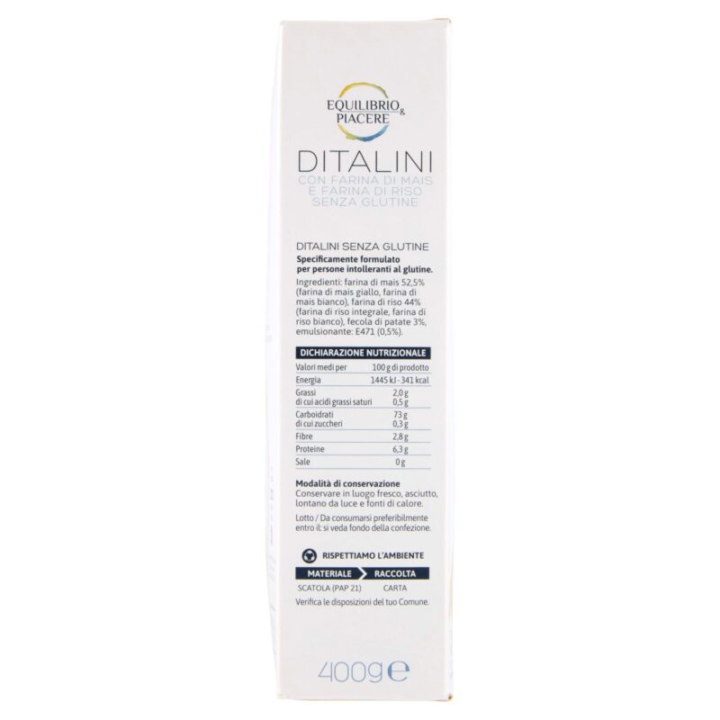 Equilibrio & Piacere Ditalini con Farina di Mais e Farina di Riso Senza Glutine 400 g