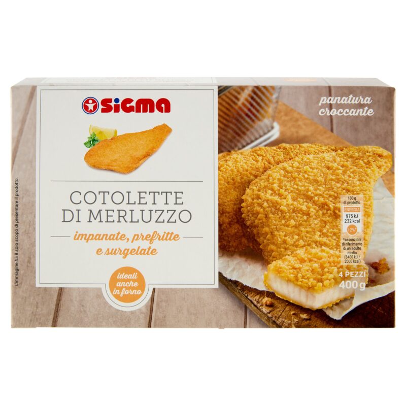 Sigma Cotolette di Merluzzo impanate, prefritte e surgelate 4 Pezzi 400 g