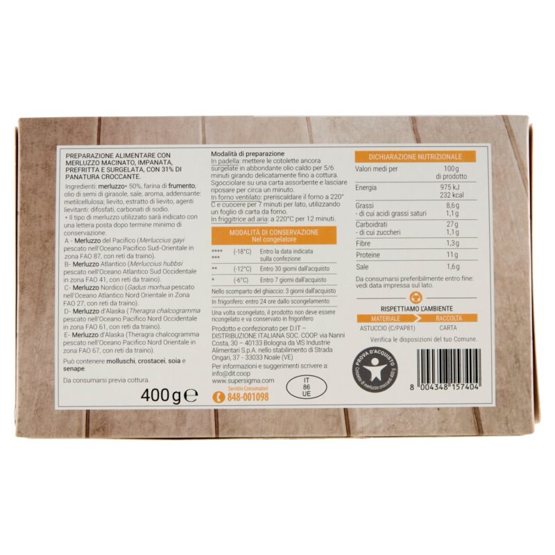 Sigma Cotolette di Merluzzo impanate, prefritte e surgelate 4 Pezzi 400 g